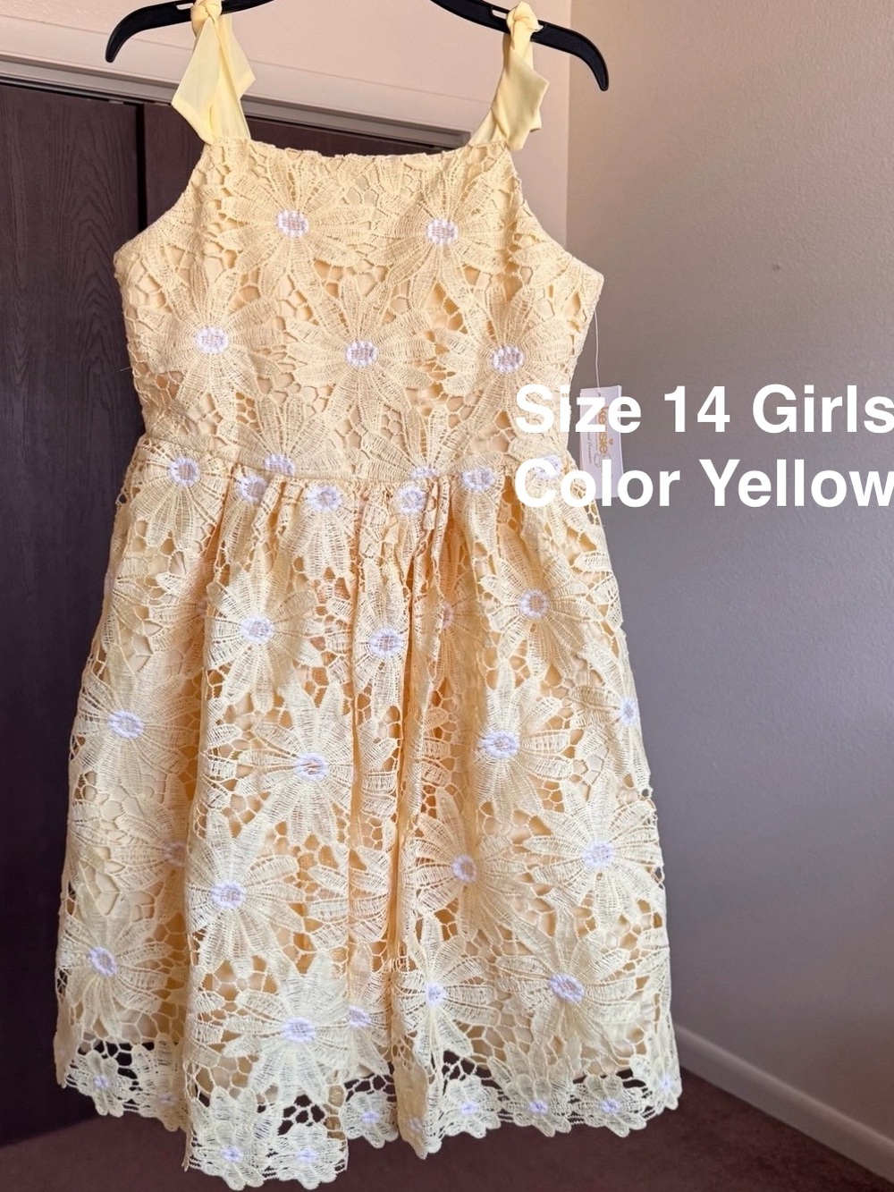 Kensie Girl Bow Strap Embroidered Heavy Lace Dress, Size 14, Yellow